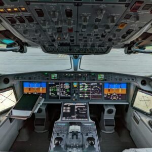 Detailed view of a modern aircraft cockpit showcasing advanced technology and instruments.