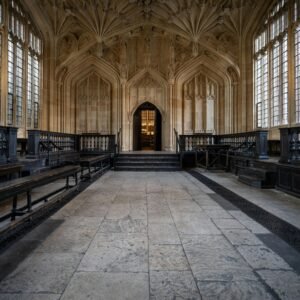Elegant Gothic interior hallway at Oxford University showcasing symmetrical architecture.